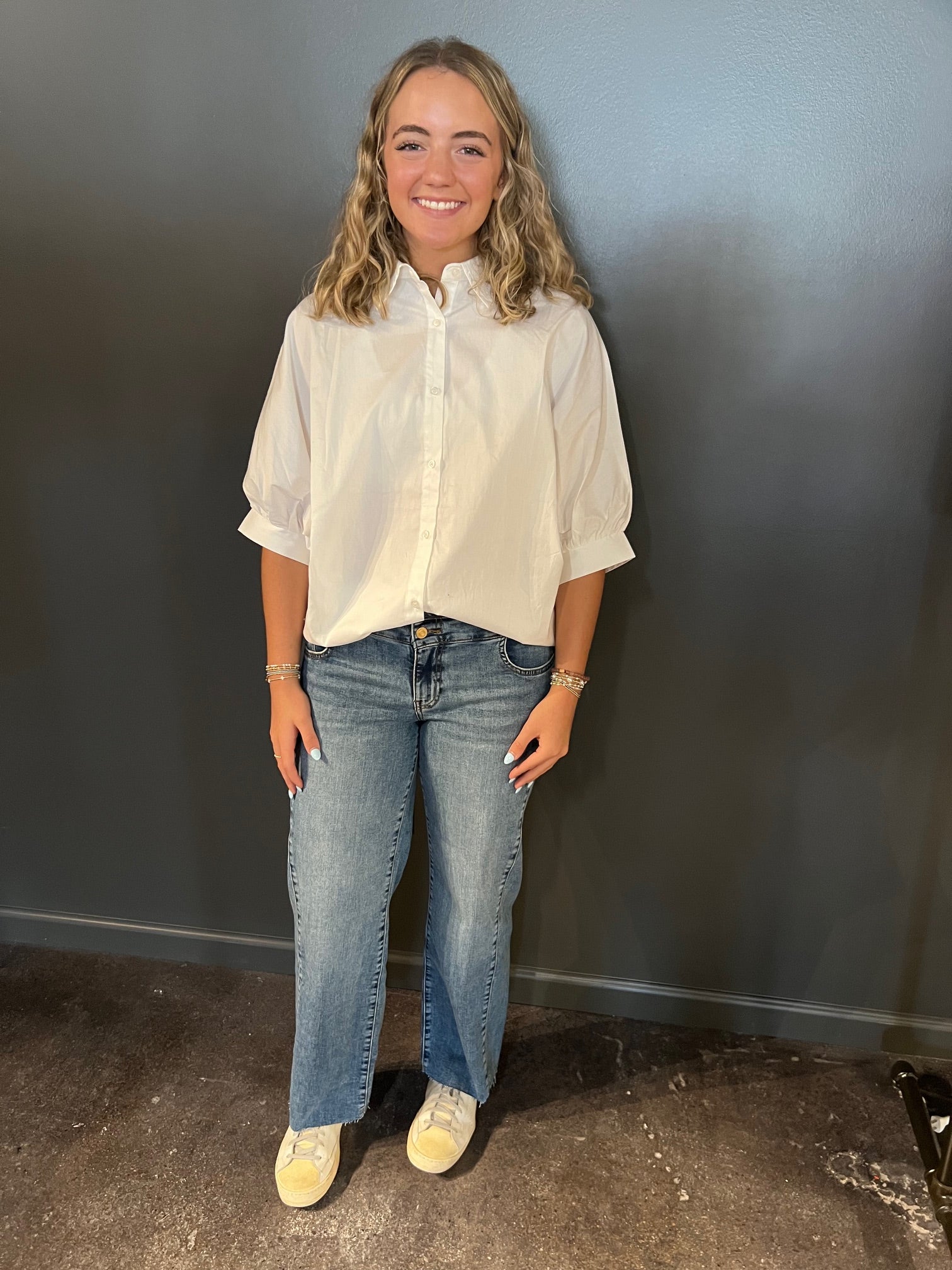 Poplin Button Up Shirt w/3/4 Sleeves
