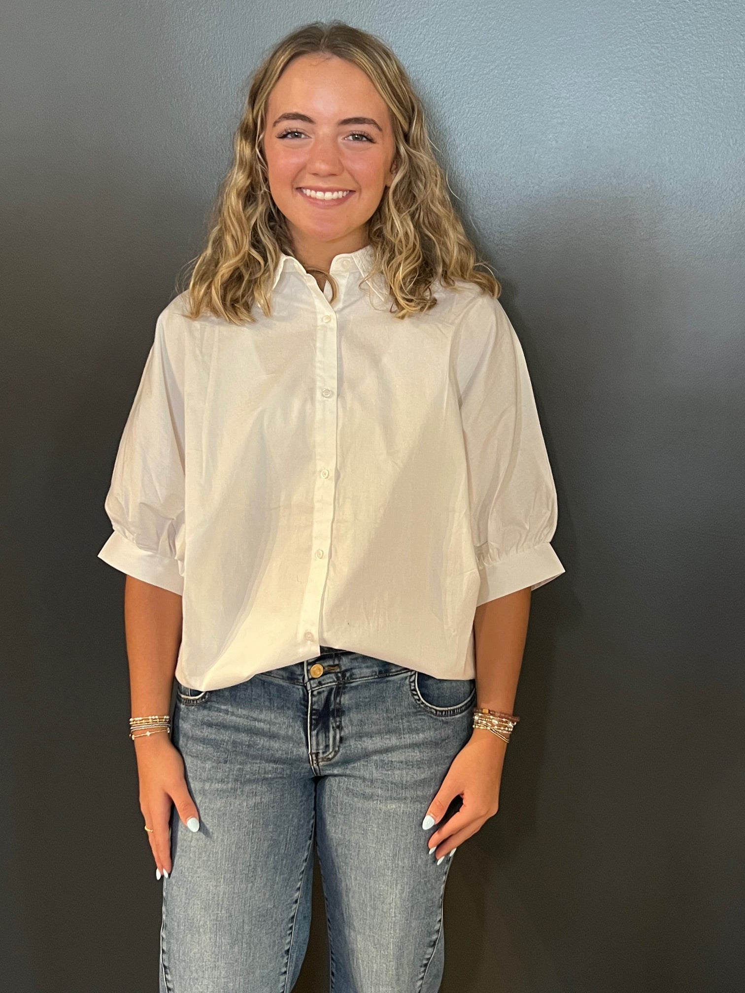 Poplin Button Up Shirt w/3/4 Sleeves