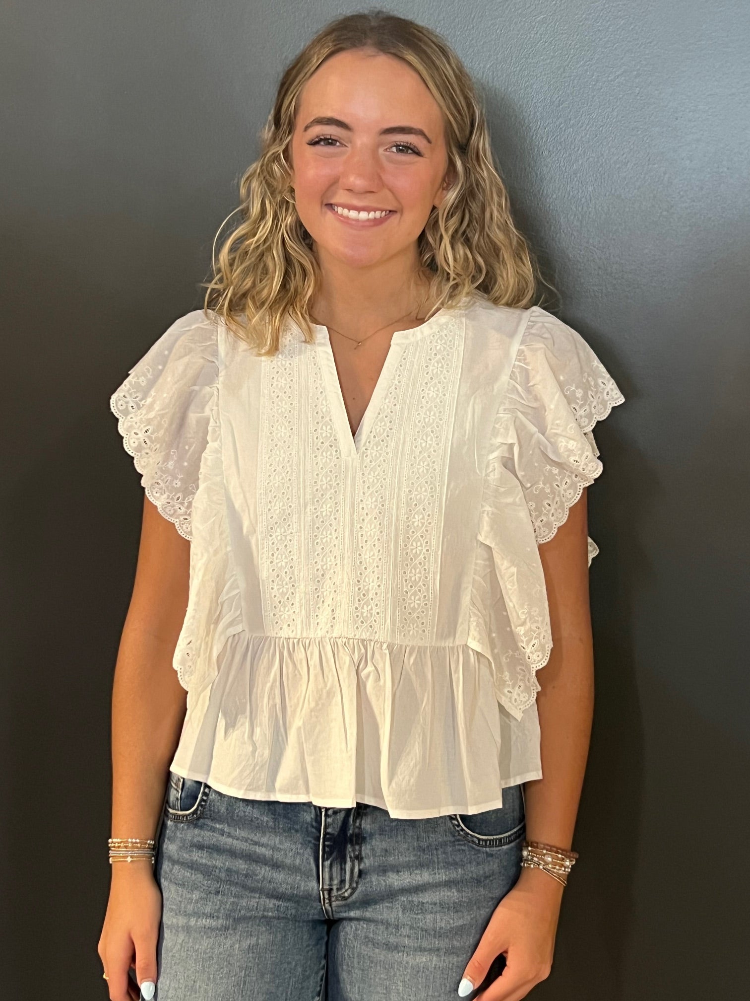 Off White Eyelet Ruffled Blouse