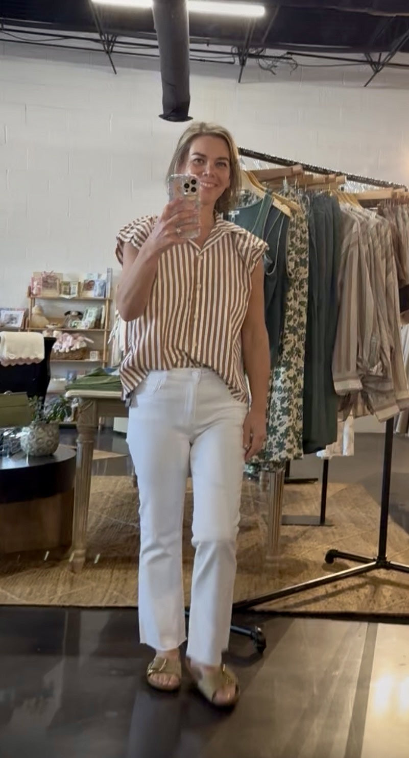 Brown Stripe Bubble Slv Button Up Top