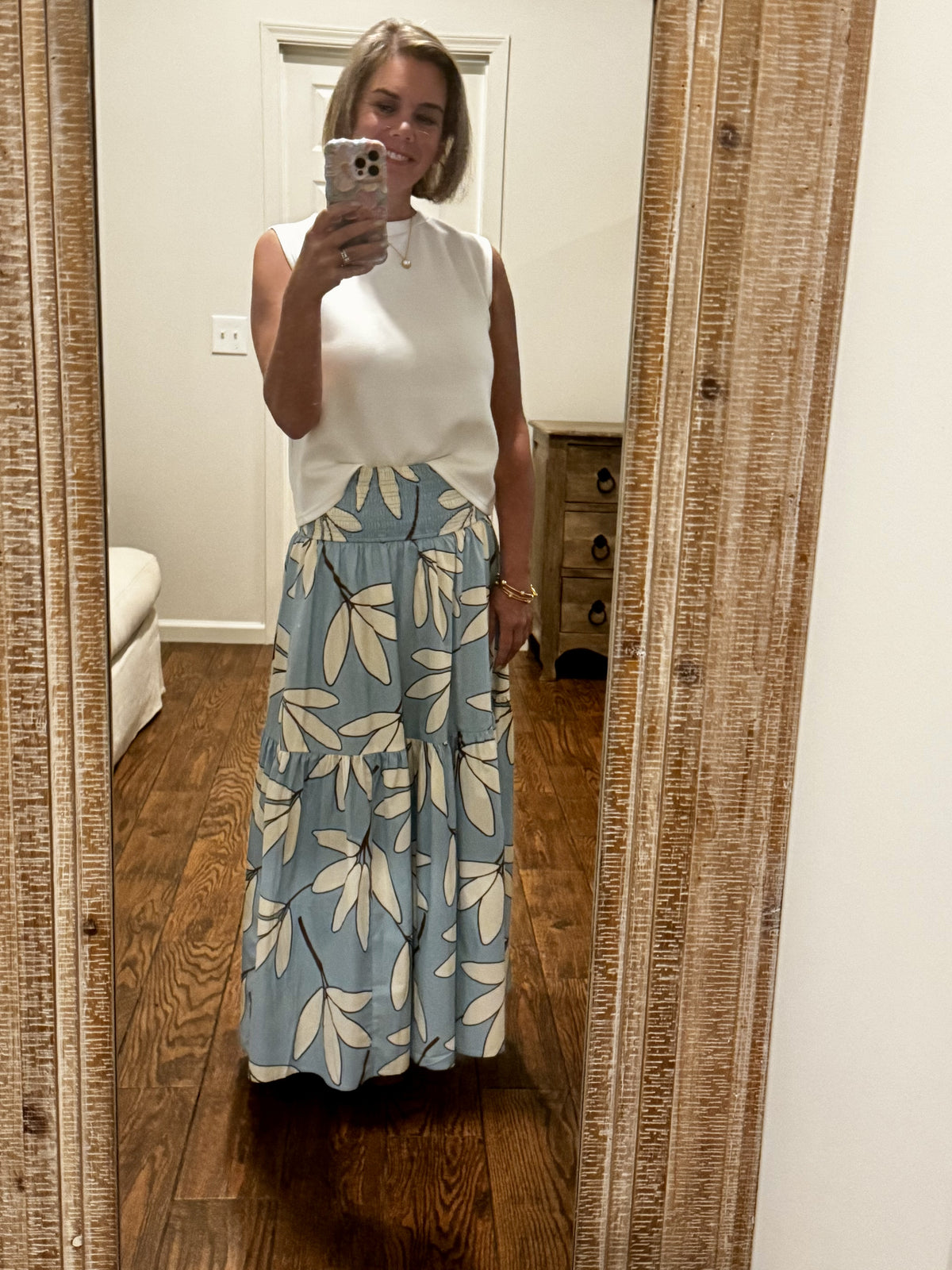 Palm Leaf Floral Smock Tier Maxi Skirt