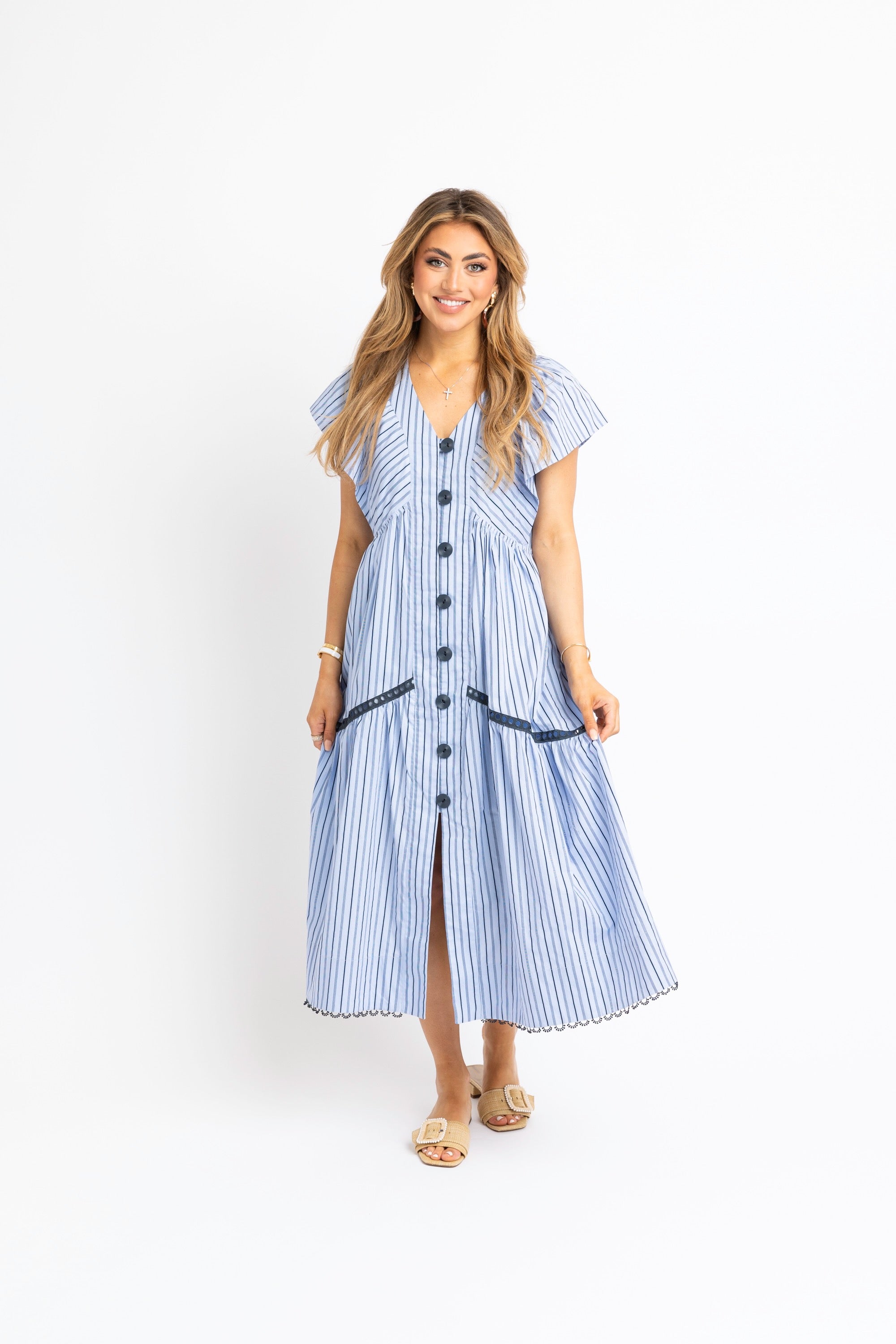 Stripe Vneck Novelty Button Maxi Dress