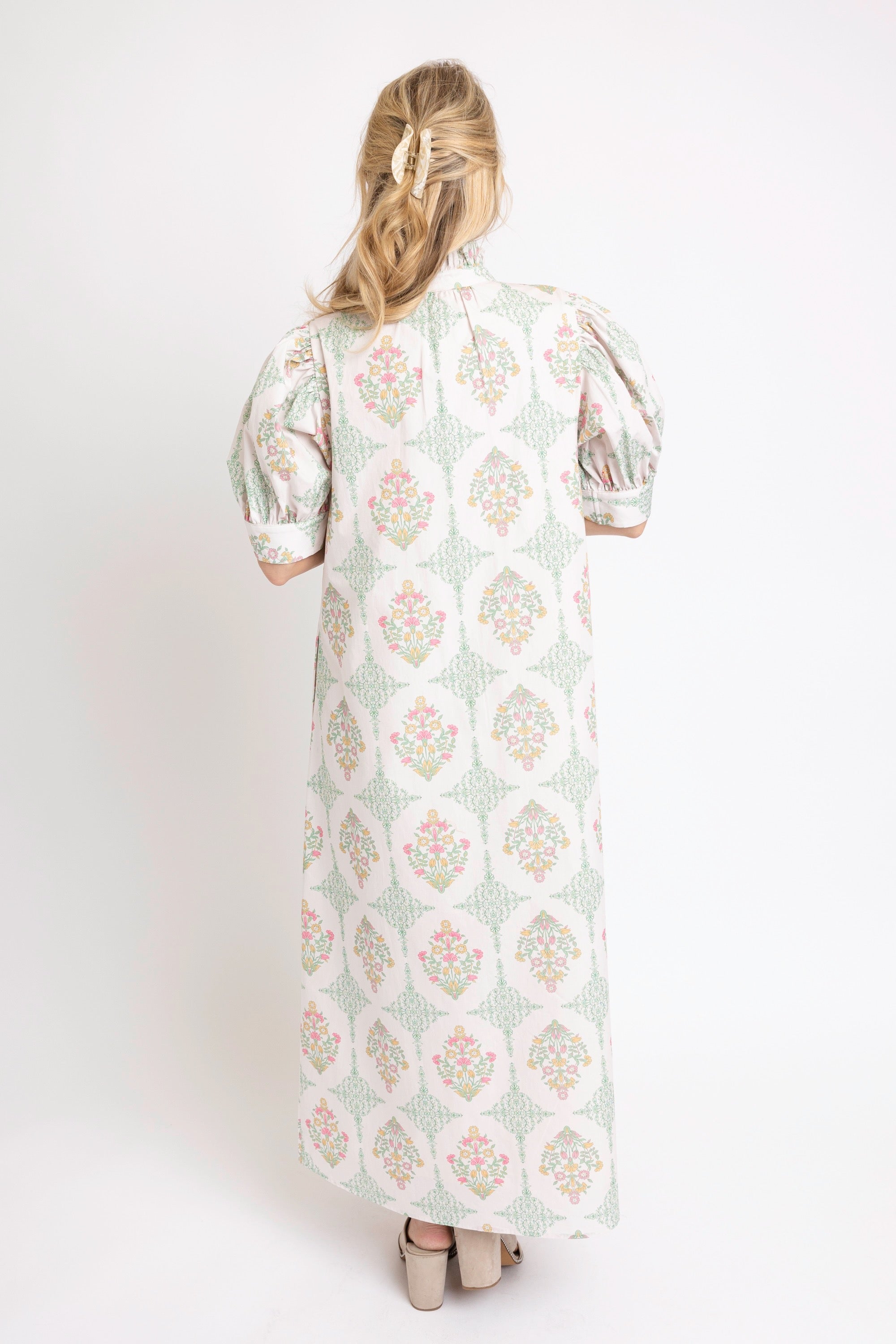 Vintage Floral Ruffle Neck Shirt Dress Maxi