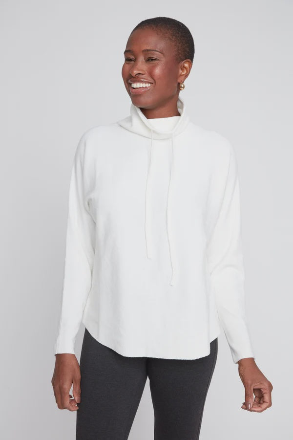 Drawstring Funnel Neck Rib Knit Sweater Creme