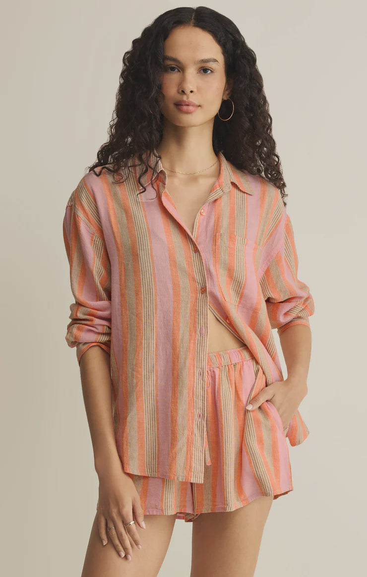 The Perfect Striped Linen Button Up- Tiger Lily