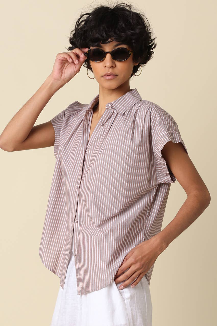 Brielle Striped Flutter Sleeve Blouse: Pink / Contemporary
