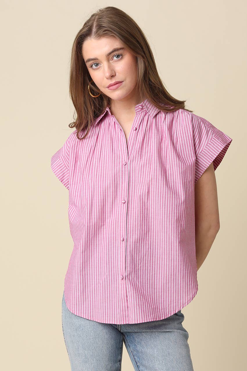 Brielle Striped Flutter Sleeve Blouse: Brown / Contemporary