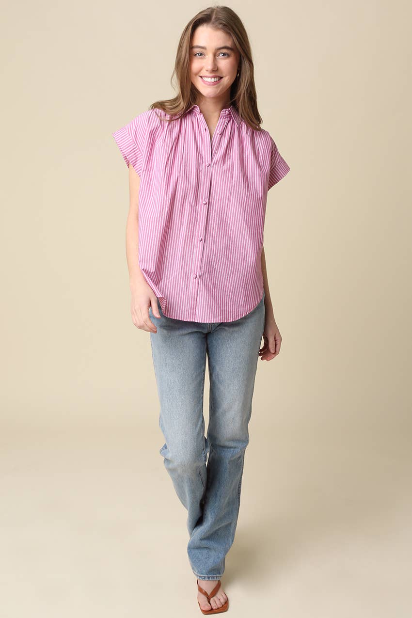Brielle Striped Flutter Sleeve Blouse: Pink / Contemporary