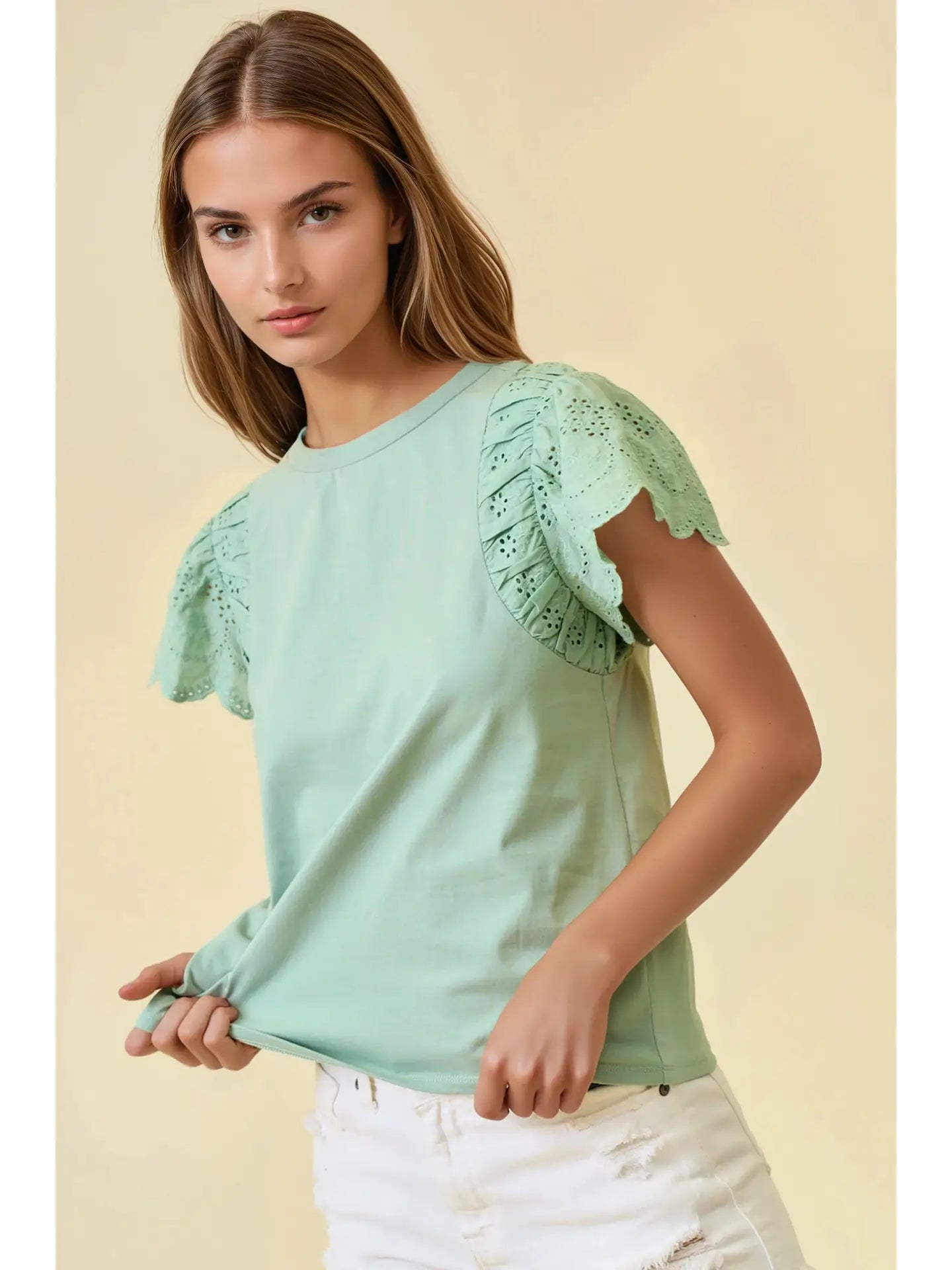 Ruffled Eyelet Short Sleeves Top