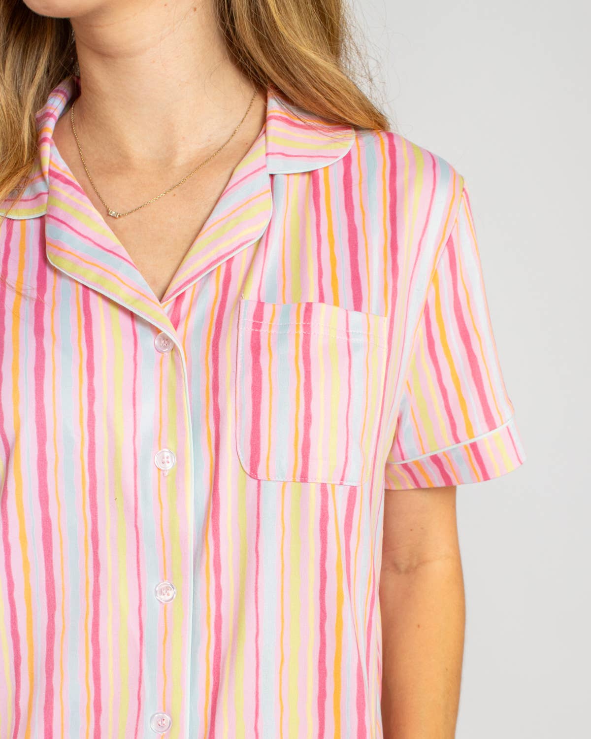 Addie Stripe Short Sleeve Button Up Sleep Shirt   Pink/Multi