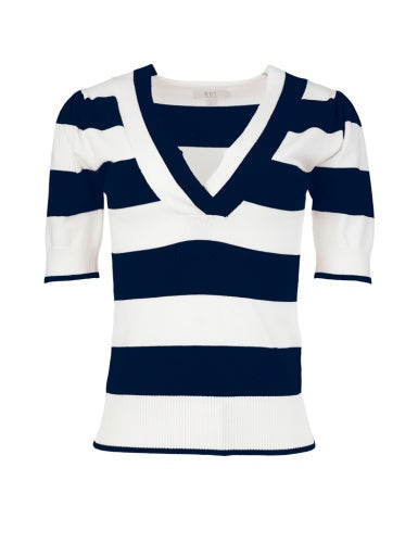 YONA-STRIPED V-NECK SHORT SLEEVE SWEATER