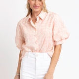 Eyelit Button Puff Slv Top - Pink