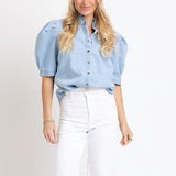 Denim Ruffle Neck Button Up Top - Blue